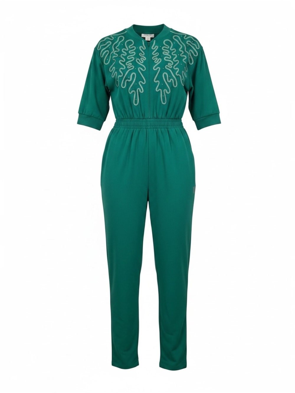 Adolfo Vintage Green Embellished Jumpsuit | Zip Front | Elastic Waist -One Piece